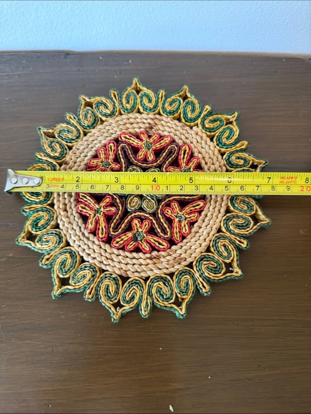 Handwoven Decorative Round Trivet — Gold, Green, Red